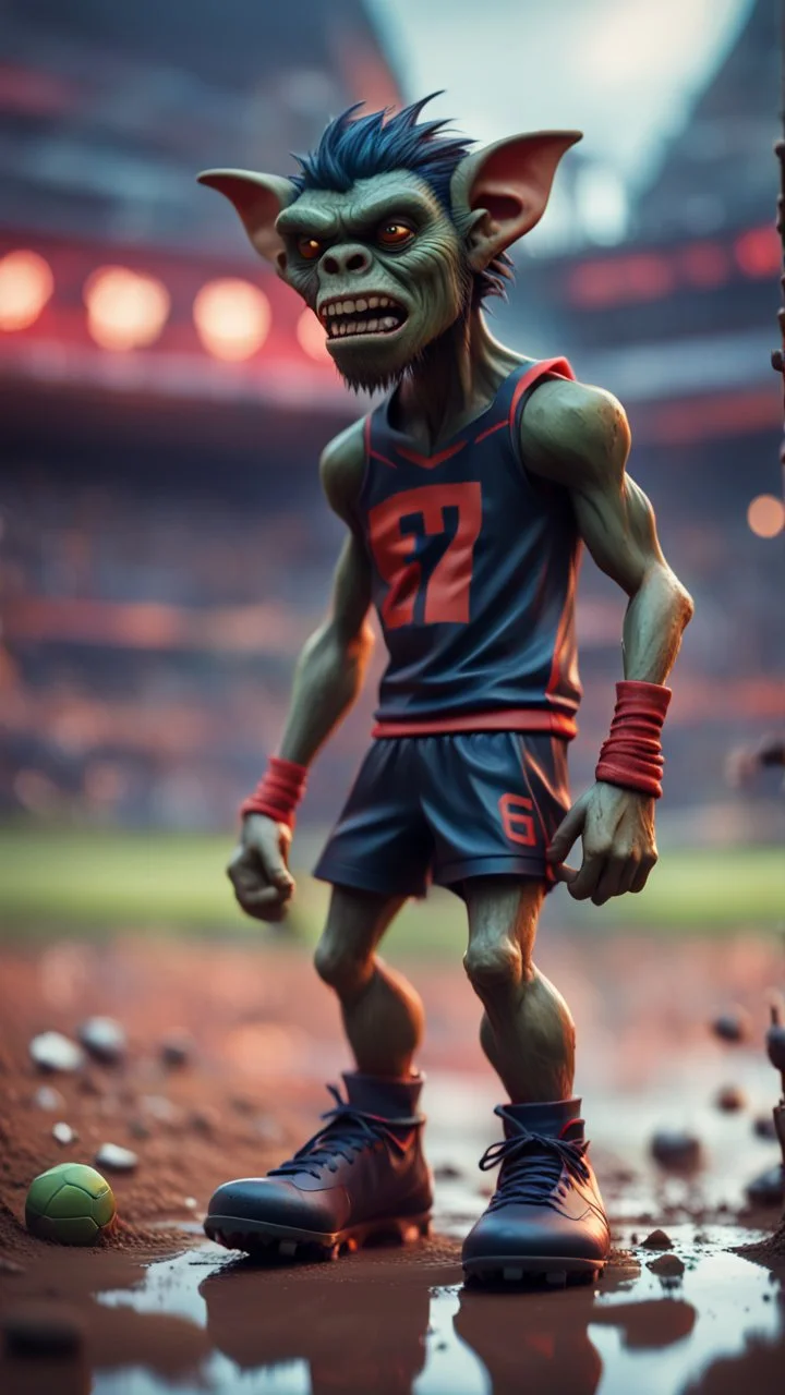 full figure portrait of a giant athlete vampire werewolf goblin gremlin with soccer boots on wet soil in front of spear court, in the style of Gorillaz,bokeh like f/0.8, tilt-shift lens 8k, high detail, smooth render, down-light, unreal engine, prize winning