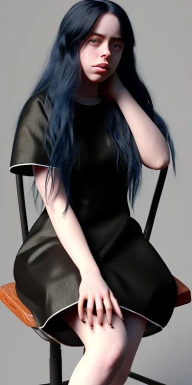 Billie Eilish, sitting on a chair, Black Short Dress, high detail, realistic