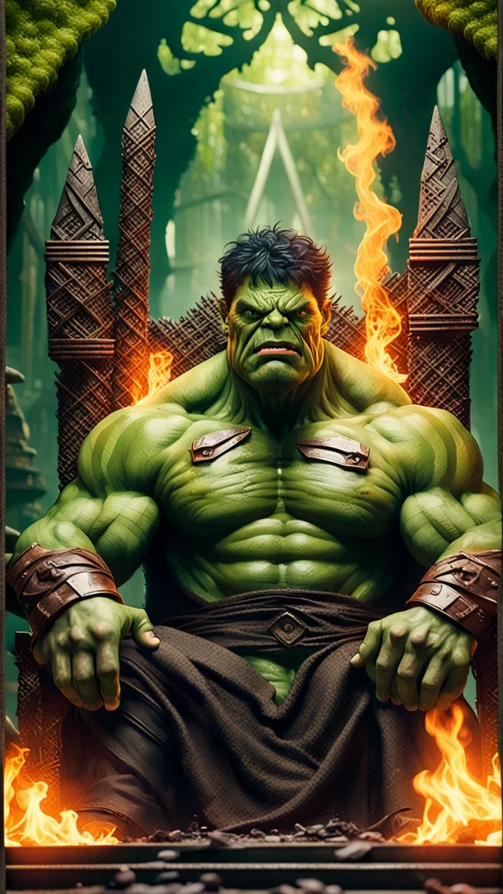 Framed playing card illustration, close-up of Mubarak Saeed Tahir melted old magic flaky slimy alien hulk Avengers Mad Max poses for a photo on the throne, holding a burning scepter, in a massive hulk with stairs and bridges woven into a sacred temple geometric woven fabric in the middle of a lush magical forest, Bokeh like f/0.8, 8K tilt lens, high detail, smooth rendering, downlight, Unreal Engine, award-winning