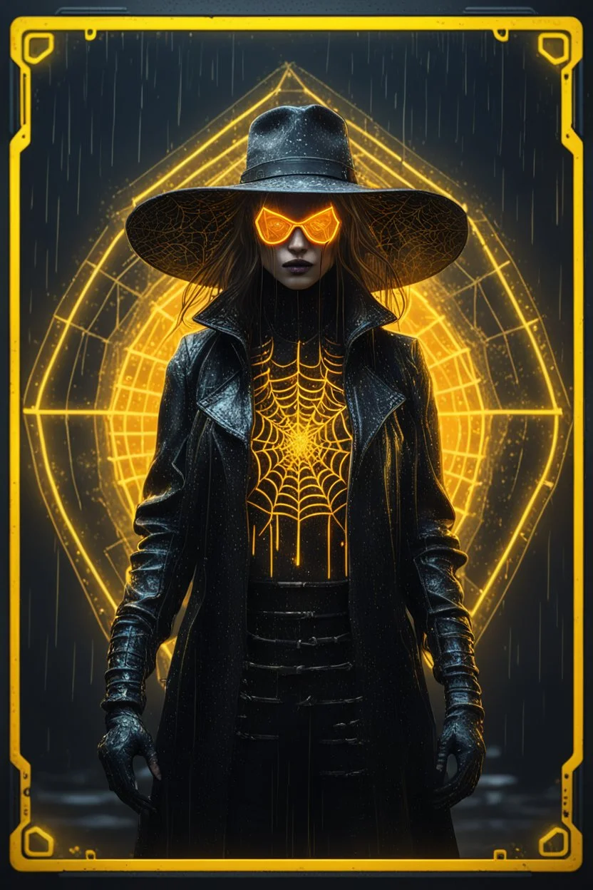 neon spiderweb sacred geometry framed playing card, black, yellow and orange neon cyber punk dancer thief in soaked rain coat and cowboy witch hat shadows boss card in the style of Giger and fallout 4 ,,bokeh like f/0.8, tilt-shift lens 8k, high detail, smooth render, down-light, unreal engine