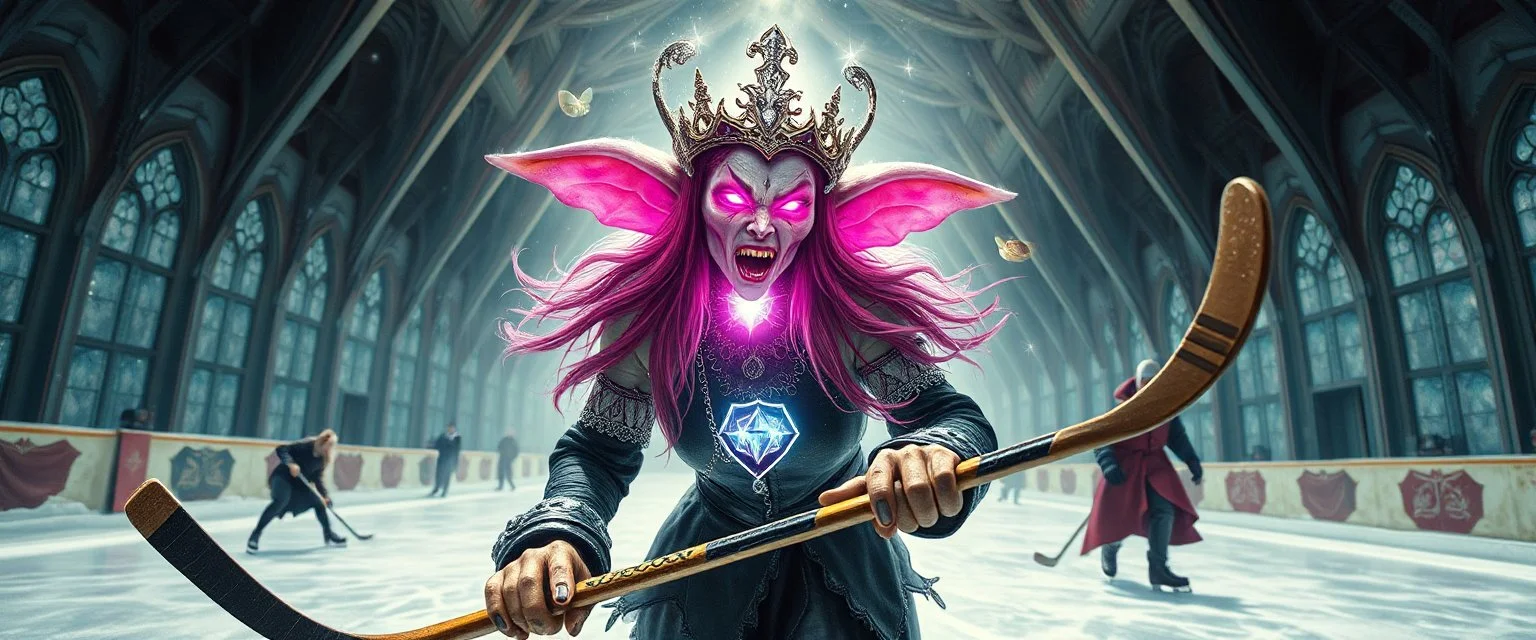 portrait of ice queen with magical aura hockey staff, pin hole cam, master oil painting by Rembrandt, d&d glam rock and glitter vampire gremlin illithid and lich playing hockey in ice skating hall or church, in the style of giger and escher, sci fi with floating little saucers