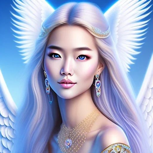 portrait of a beautiful mongolian woman with an angel face smiling,long blond hair, blue eyes, pink and blue dress, jewels, soft light aura