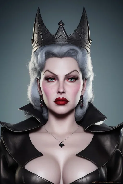 Lana Turner as evil queen in black leather, leather, busty, cleavage, angry, stern look. character design by cory loftis, fenghua zhong, ryohei hase, ismail inceoglu and ruan jia. unreal engine 5, artistic lighting, highly detailed, photorealistic, fantasy