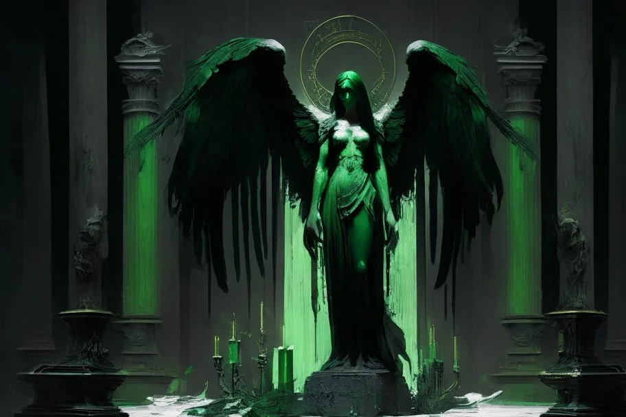 angel negro y verde parado en un altar