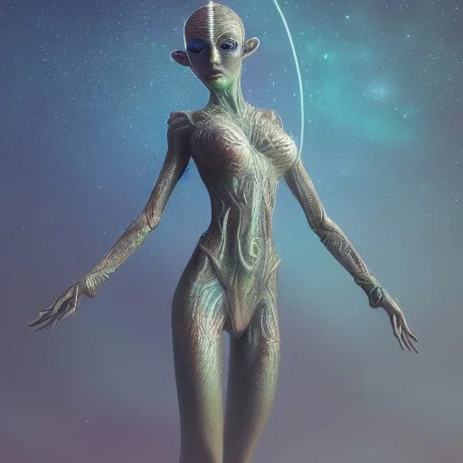 Pleiadian beautiful alien girl ultra-realistic, highly detailed, masterpiece, delicate detailed, sharp focus, insanely detailed, fantasy art, intricate detailed, elegant, fog, Special Lighting, Vibrant, color Scheme, forest, unreal engine 5, trending on artstation