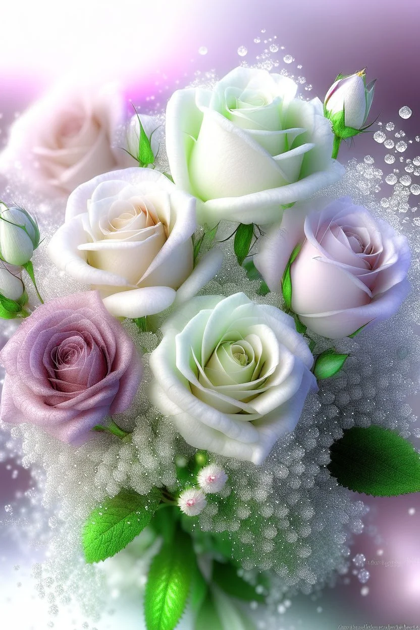 A huge, juicy lush bouquet of pale pink and white roses with gypsophiles and purple lilac, complex, amazing, magical delicate, the color of the sun, mint, sparkling dew drops, dawn, magically, in pastel transparent tones, hyper realistic, beautiful lumen, glitter, professional photo, 3d, realistic, 64k, high resolution, high detail, cgi, hyperrealism, f/16, 1/300s. highly detailed digital painting, bright and juicy photorealistic painting, solar illumination in the background