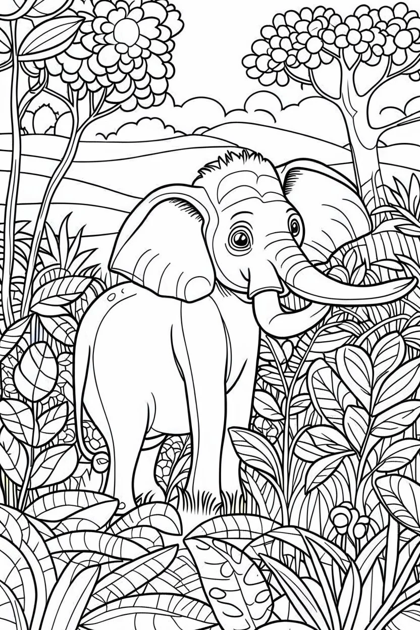 coloring page for kids, Gentle elephant in a lush peaceful jungle, cartoon style, thick outline, low details, no shading, no color