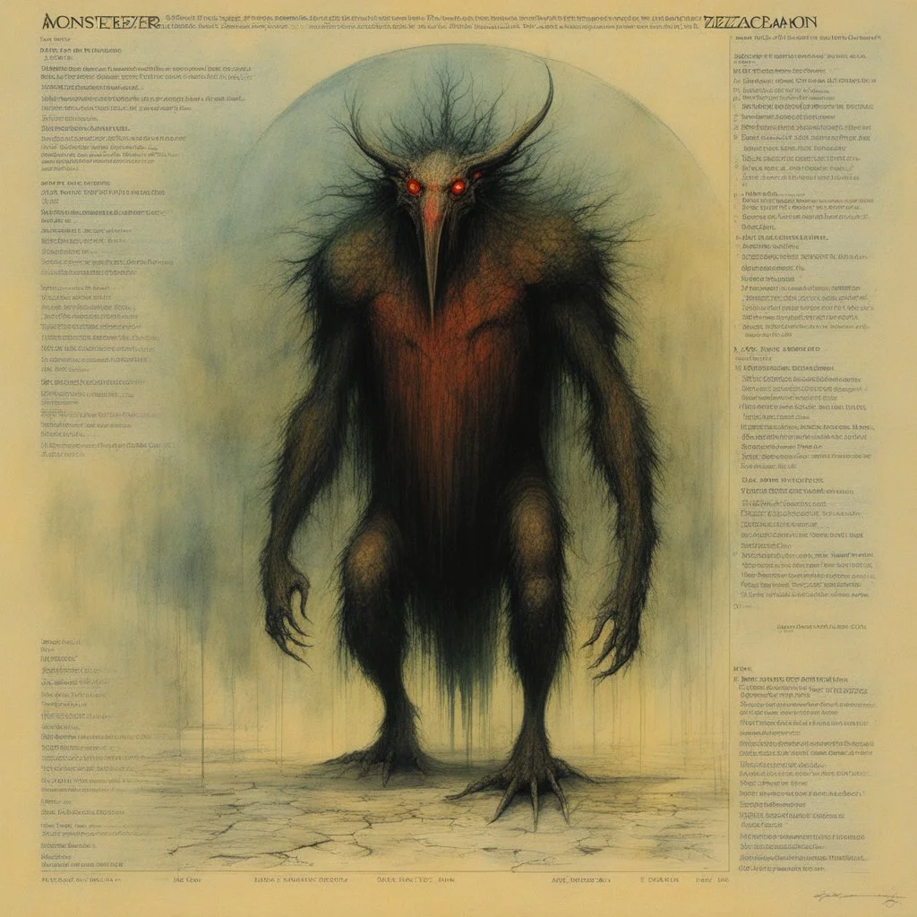 ConceptSheet: AD&D monster mezzodaemon, with statistics [by Zdzisław Beksiński]