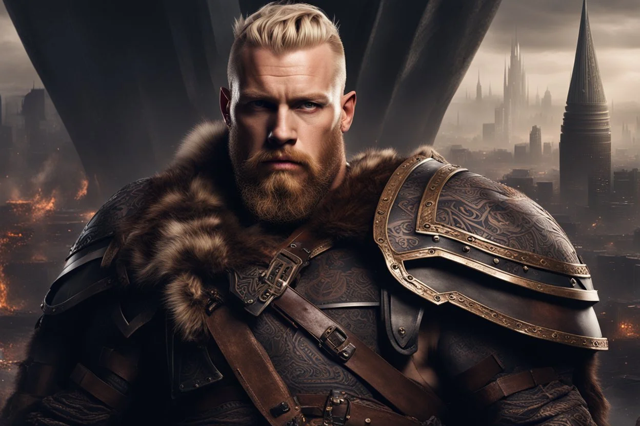 photorealistic portait of henry cavell as viking with blonde undercut tribal tattoos wearing modern mercenary uniform fantasy dark cityscape