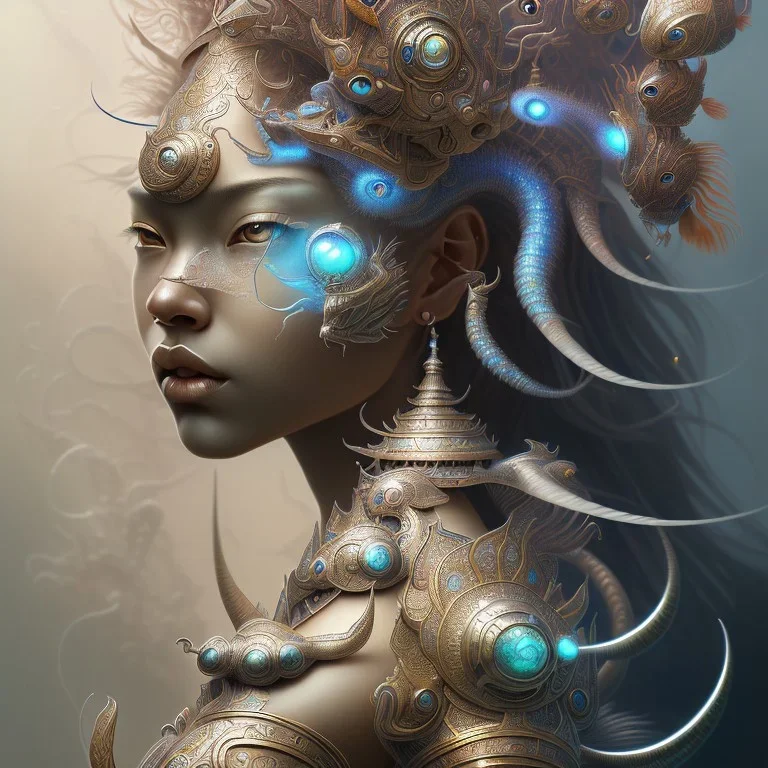 Sango fantasy, fantasy magic, intricate, sharp focus, illustration, highly detailed, digital painting, concept art, matte, art germ and Paul Lewin and Kehinde Wiley, masterpiece Indonesian lady head bronze lionfish Asian African girl nice breast Thai hair turquoise silver blue waves