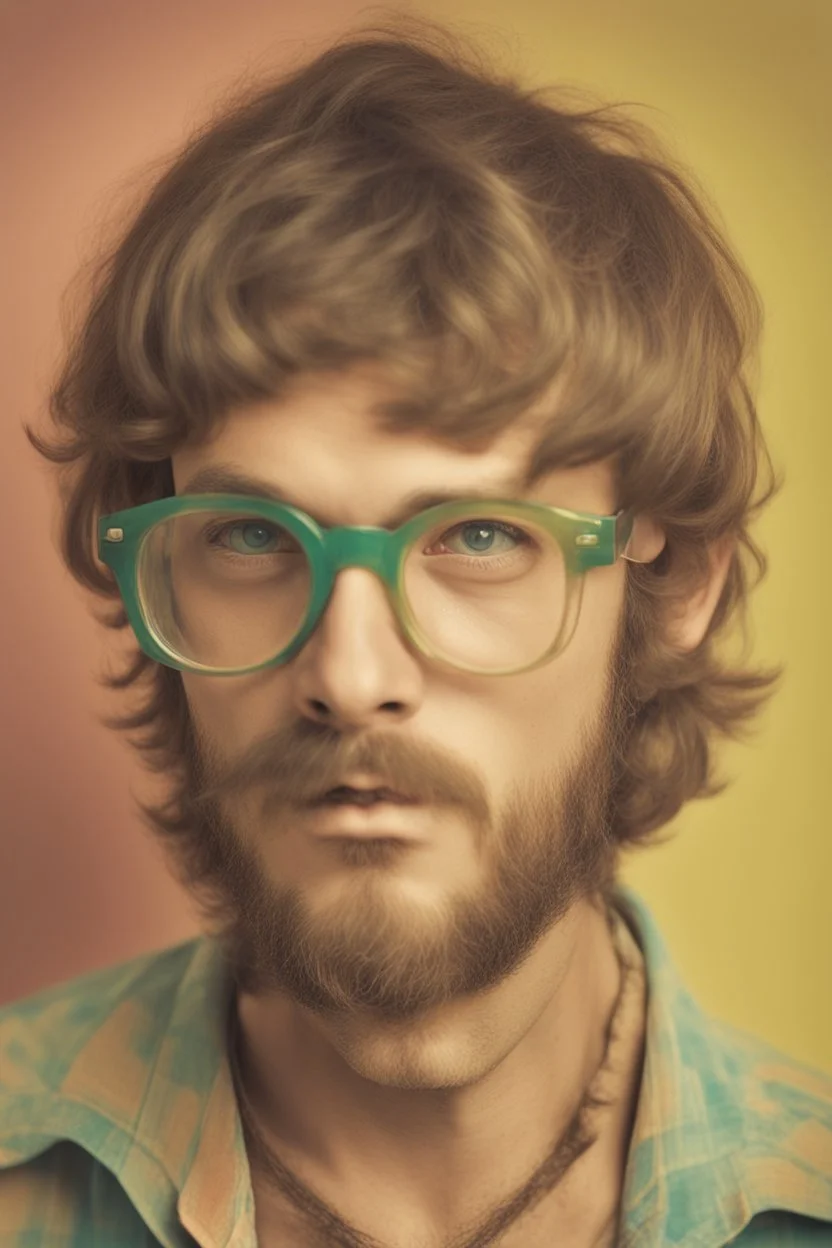 hippie young man with glasses of colours and poor and short short short and poor hair on the head with receding hairline. Farsightedness glasses with big eyes. Shirt beard in the head. Vintage look and feel like photo style-of the 70s