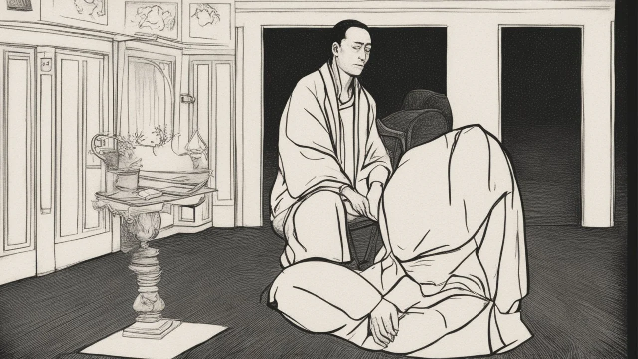 في الصورة، يظهر رجل جالس على كرسي في غرفة مظلمة. وجهه غير واضح، لكن يمكن رؤية عينيه مغمضتين. الرجل يرتدي ملابس سوداء، ويبدو أنه في حالة من الهدوء والتأمل.