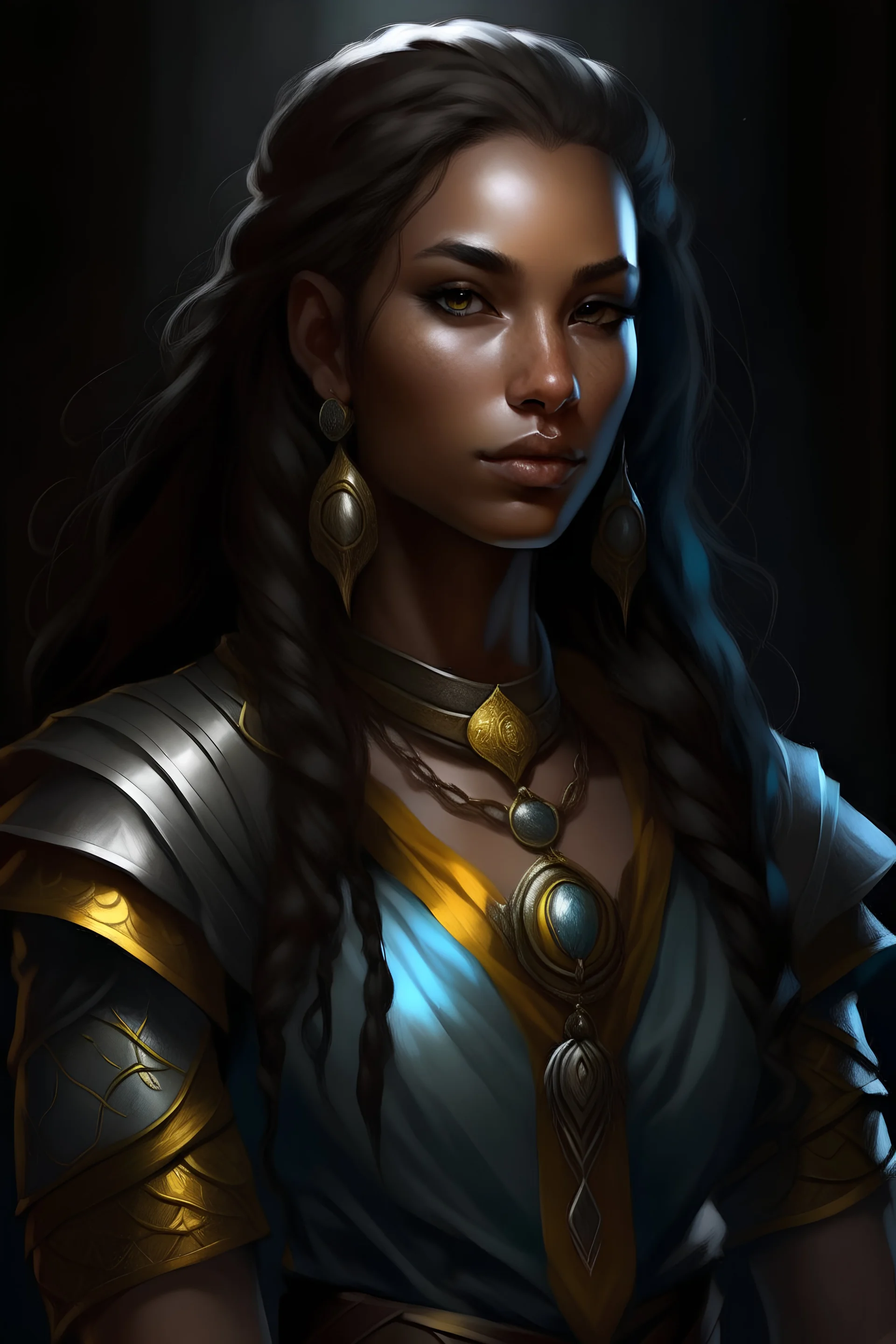 female kalashtar from dungeons and dragons, ranger, long and dark hair, cool colors, woman of color, realistic, digital art, high resolution, strong lighting