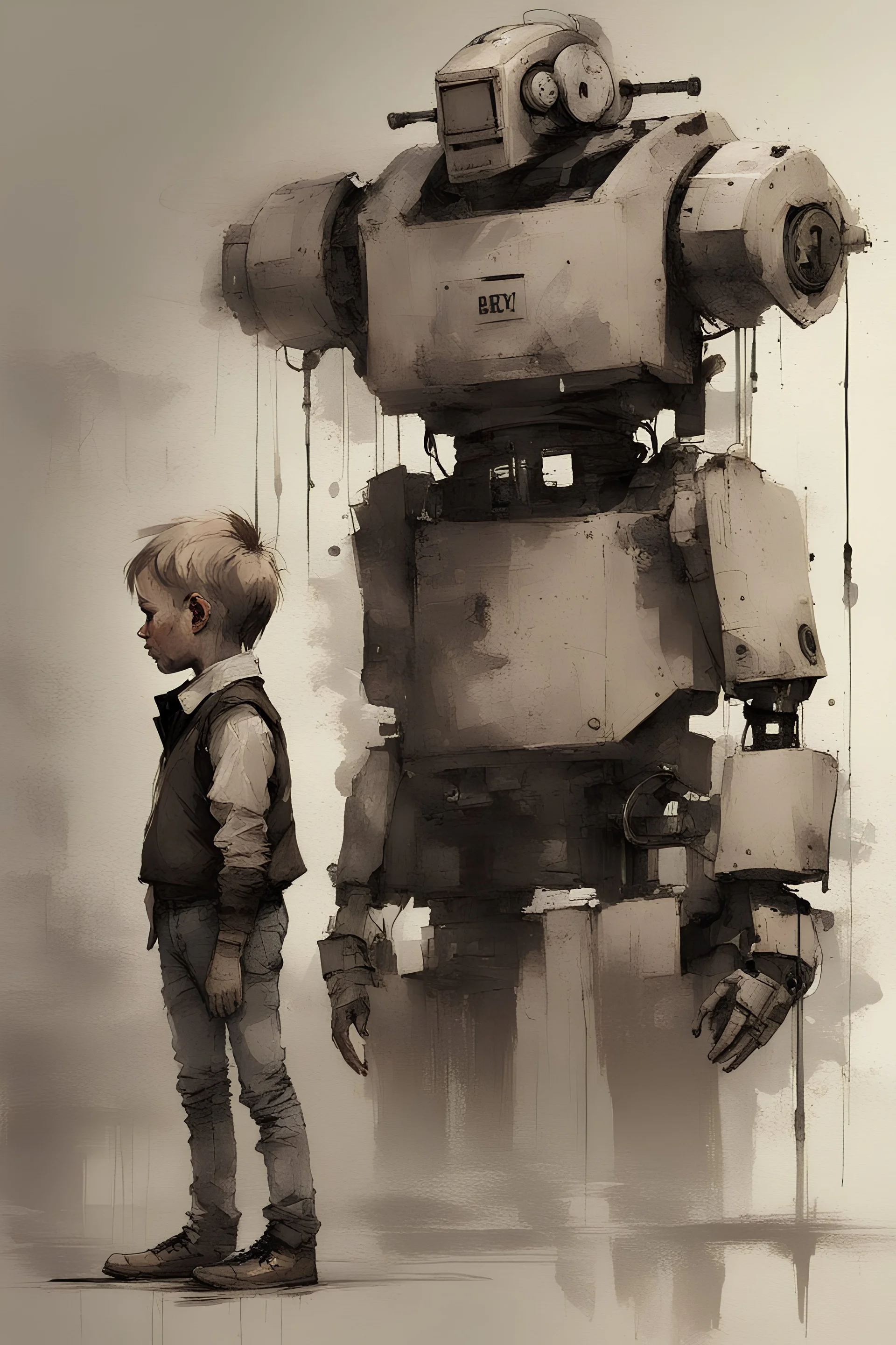 boy & boy-robot, factory, cyberpunk, dystopia, by Florian Nicolle