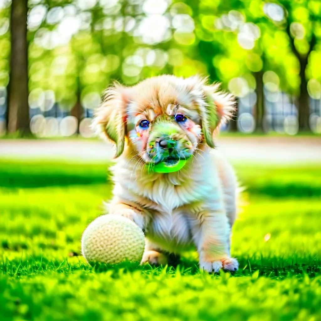 Cute puppy playing with his ball in the park.