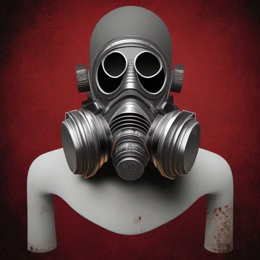 A gasmask with cracked glass visor on a table sitting in blood clean