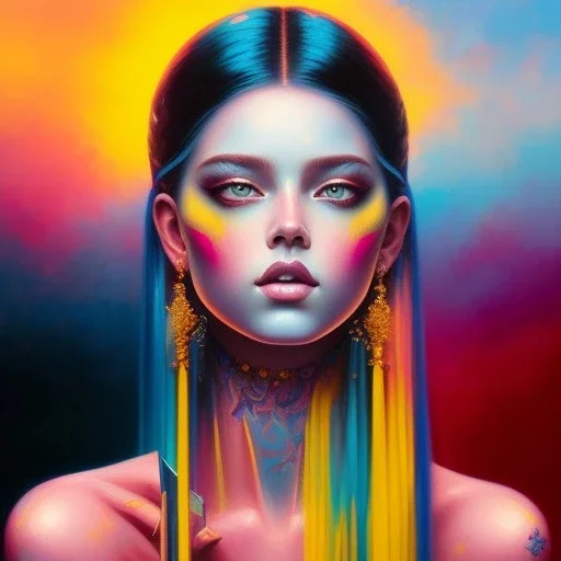 iv_a painting of a young woman, figurative art, an acrylic detailed painting,art style by Harumi Hironaka, turquoise pink and yellow, james terrell art, trending on artstation, soft lines,intricate art by bastien lecouffe deharme and greg rutkowski