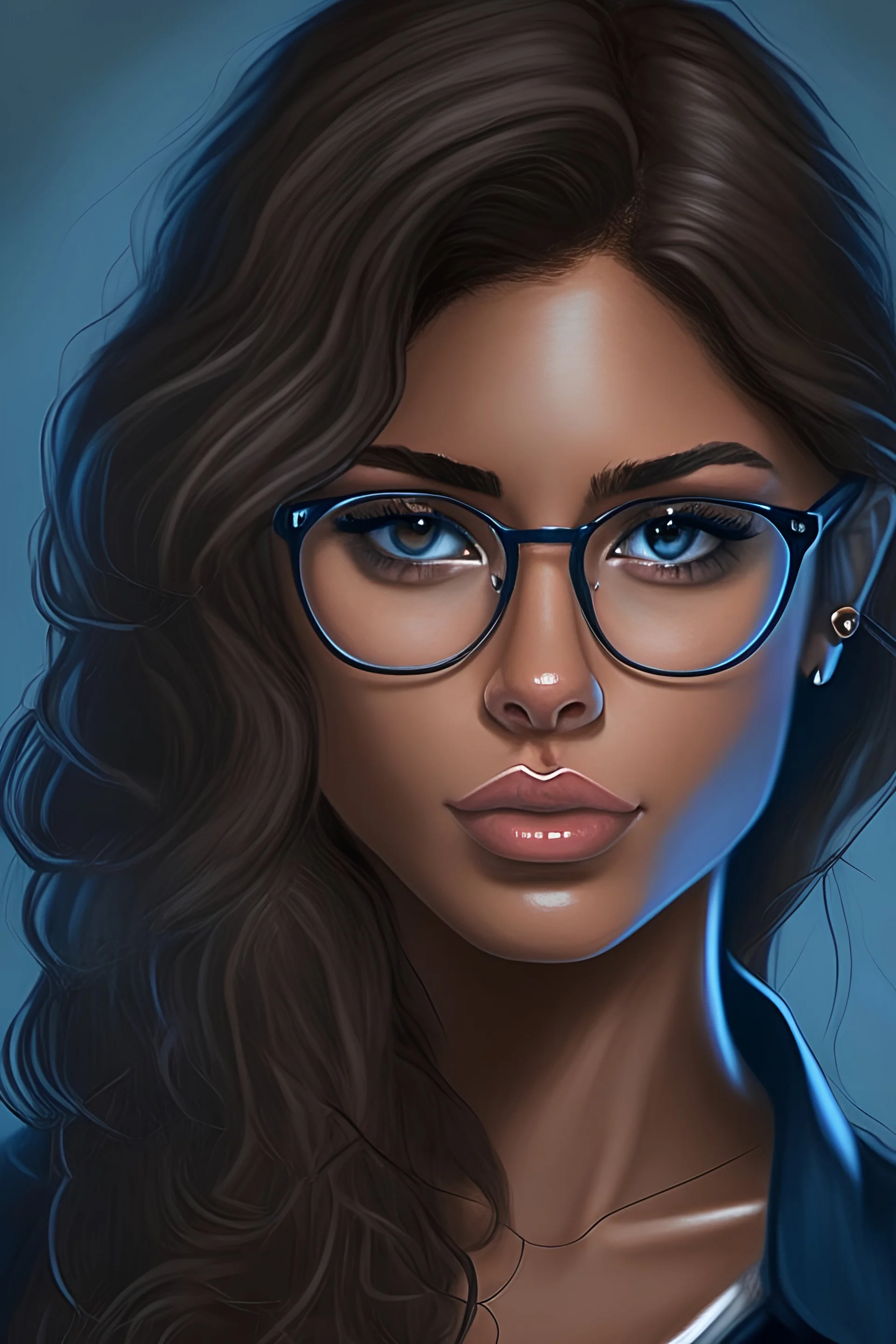 Brown hair, big black round glasses, blue eyes, brown skin, black clothes, Hispanic, woman