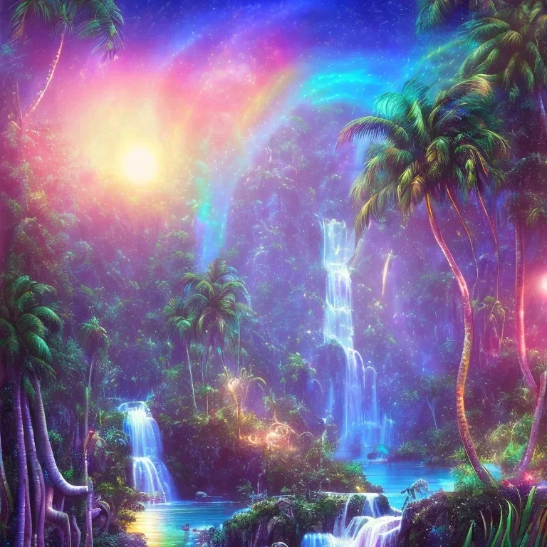 Triipy rainbow turquoise neon waterfall with palm trees sparkling at night in a cave detailed realistic glowing