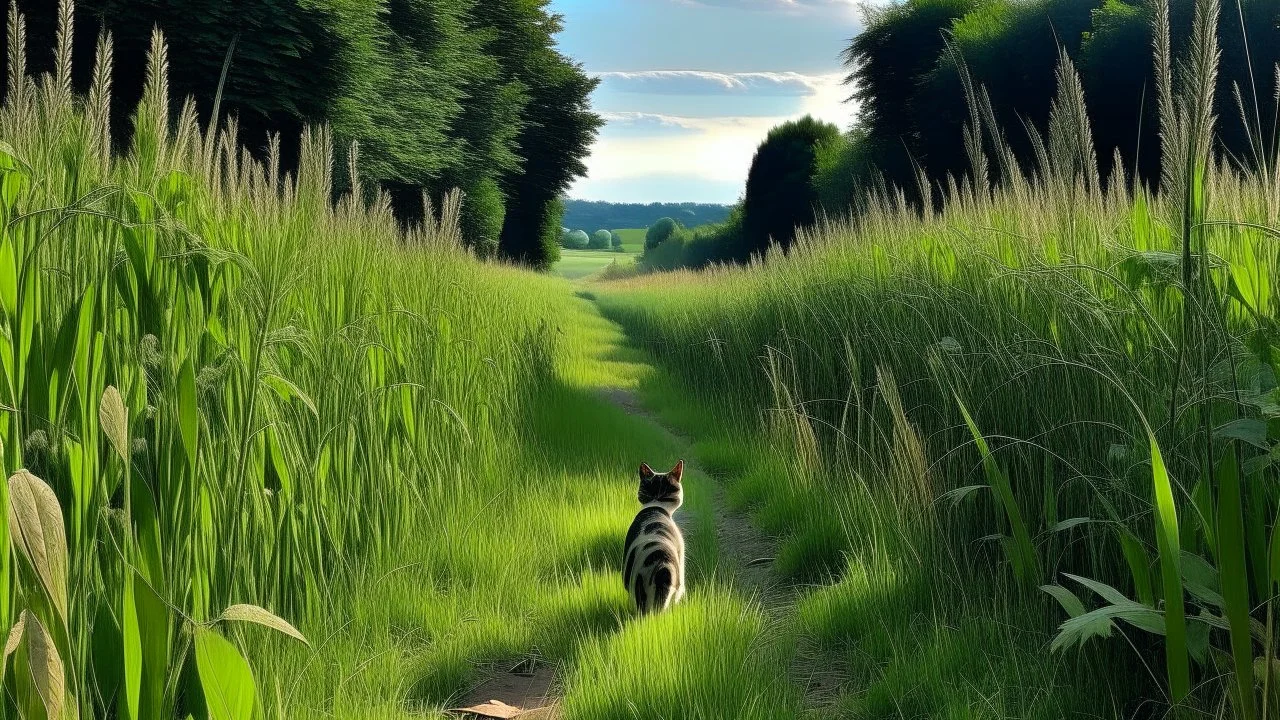 A country road surrounded by tall grass and foliage with a small animal visible in the foreground.