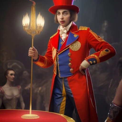 circus ringmaster alone in dimly lit circus ring, garish red coat, 1800s, chiaroscuro lighting , 8k UHD, matte painting, illustration, renaissance, artwork, high-quality, intricate detail, dark circus, night circus, creepy, rocco, greg rutowski, howard lyon, alphonse mucha