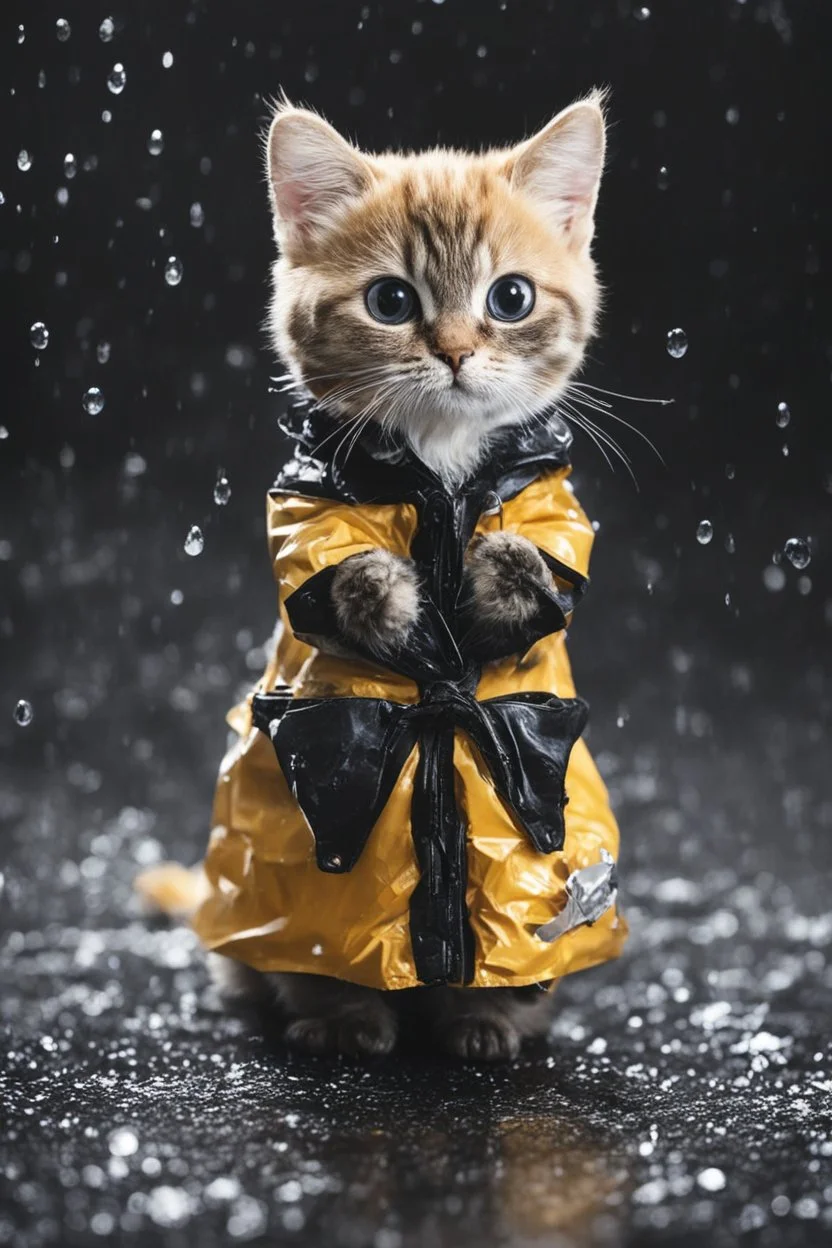 baby cat in raincoat. Chibi, Photograph, Canon DSLR, Tilt - shift, black background, high definition, Complete and coordinated composition, 8k