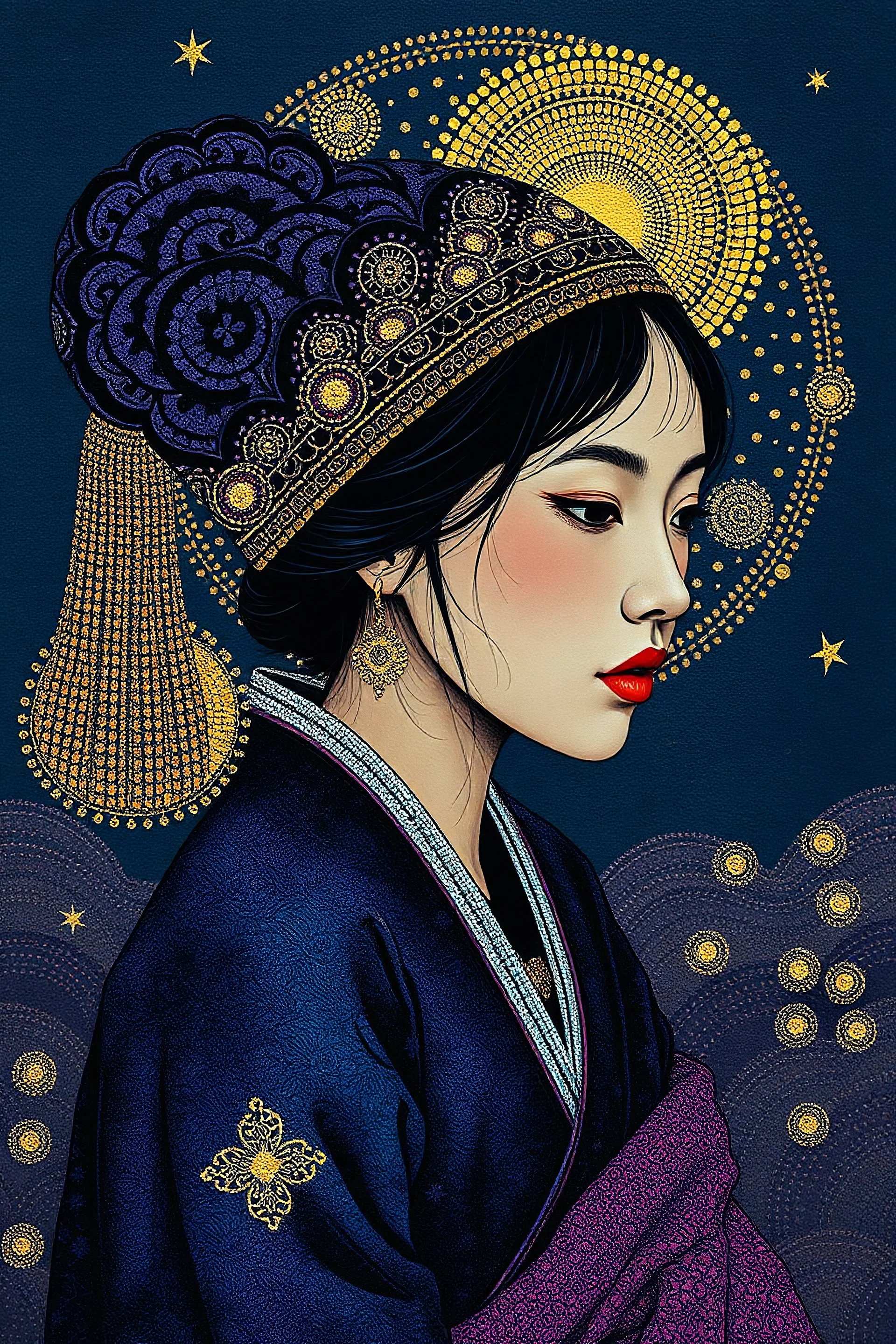 Surrealism and dadaism of a korean village woman, anomali,absurd lace, fauvism mondrial by Ross Draws,Andy Kehoe, Hokusai, deep blue, deep purple, gold foil, copper foil Zentangle, math art, dot art, circle art, spiral art, concrete art, by Norman Rockwell, by ivv, Anton Fadeev, Krenz Cushart, geometrical pattern and bitmap