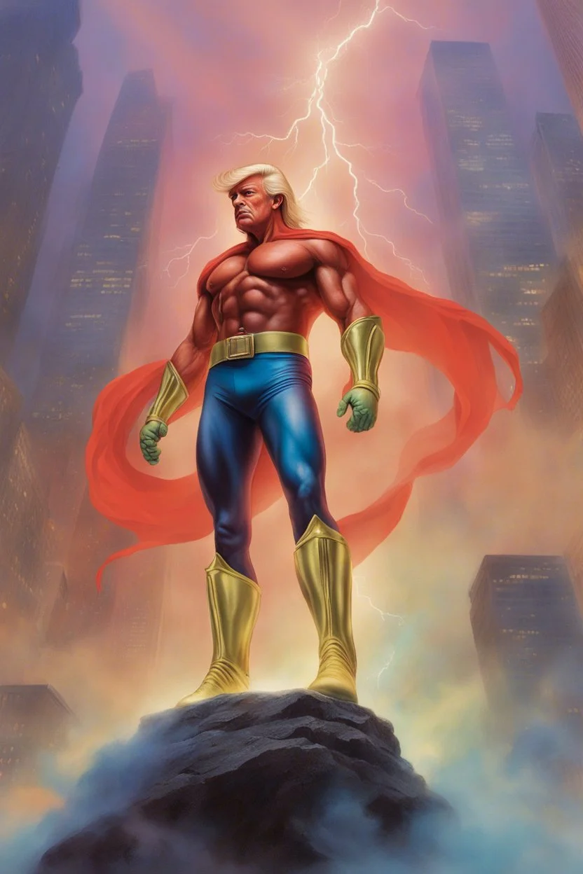 Extremely Muscular, Donald Trump as 'Maga Man,' the greatest superhero in history, Extremely Muscular, overly exaggerated muscles, Skintight, formfitting red bodysuit, blue cape, silver boots, Multicolored vortex, multicolored lightning, neon lit futuristic cityscape, mist, fog, speed, extremely overexaggerated musculature, "MAGA MAN"