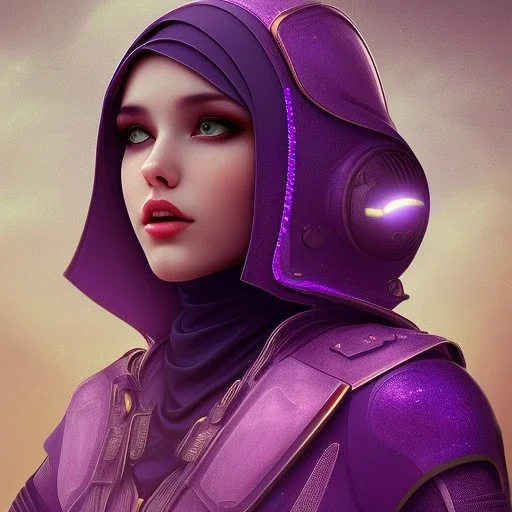 Cute girl face in hijab, Sci-fi character, purple backlight, pink and purple, scifi suit, profile, purple background, pink lighting