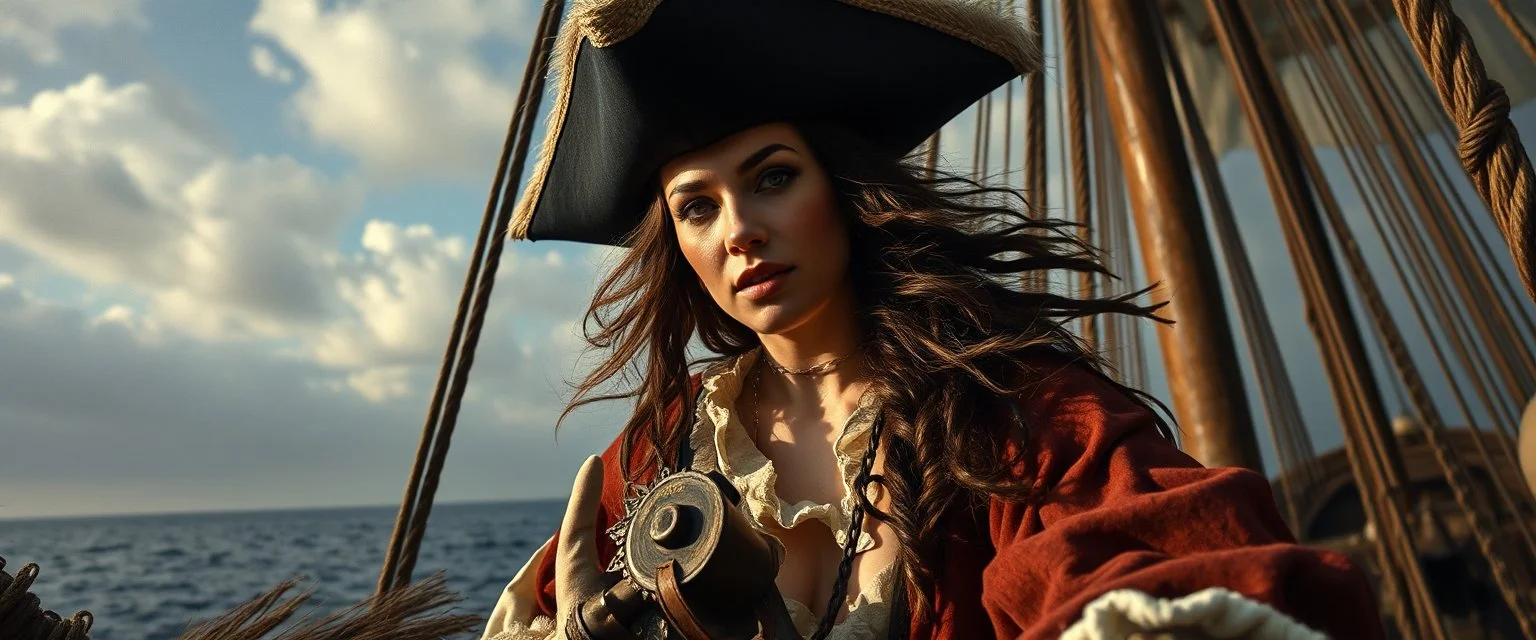 pin hole cam, master oil painting by Rembrandt, good afternoon scary hot seductive piratress merchant swashbuckler on stallion on ship