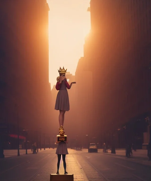 Statue of Queen of photography. Cute blonde woman. Photographer in golden crown. Standing on the street. Big camera in her hand. hyperdetailed, photorealistic, trending on artstation, greg rutkowski, beksinski, kodachrome, lomography, golden hour, bokeh, volumetric light