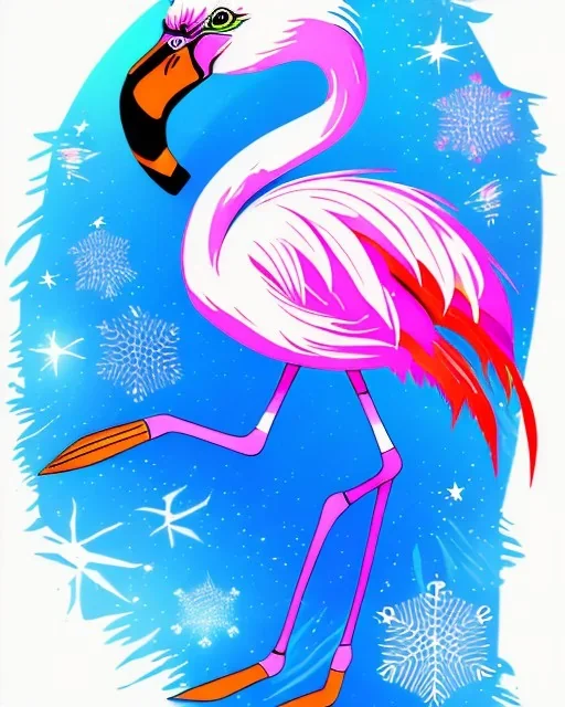 flamingo on ice skating, chibi art style