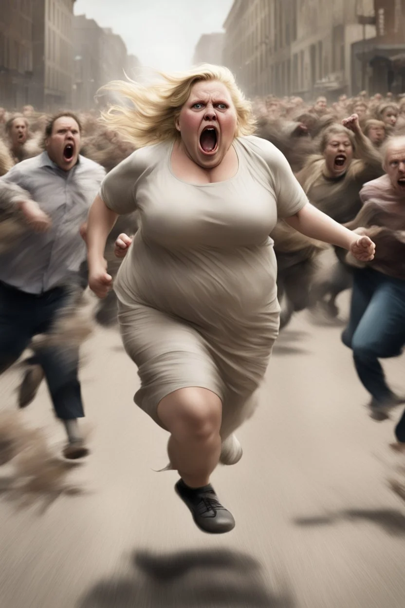 an obese terrified blonde woman running away from an angry mob of hundreds chasing behind her