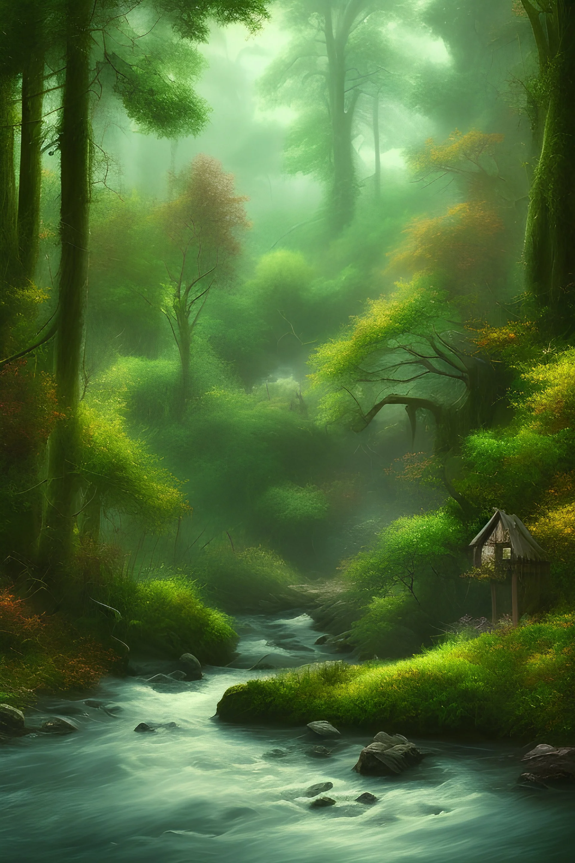 Generate an image of a serene forest scene with a river running through it.