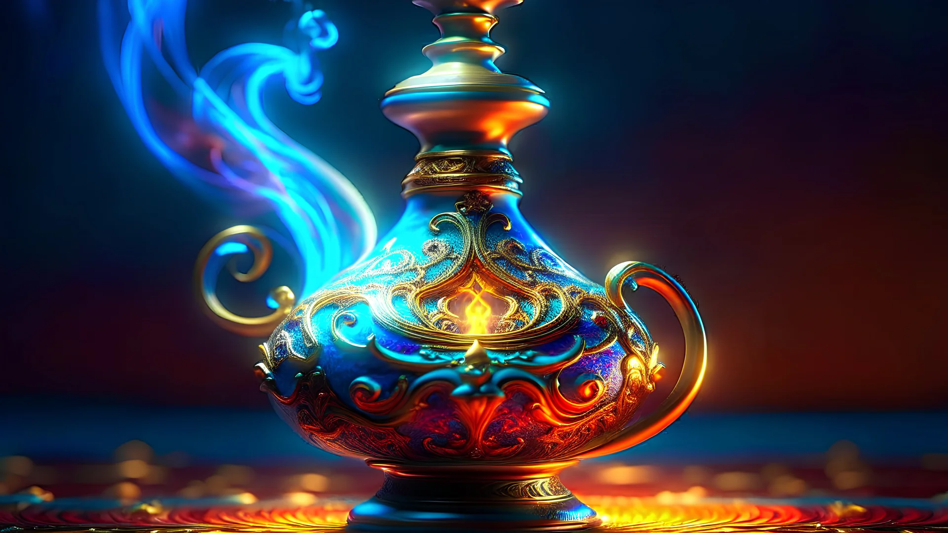 A mist form portrait of a spellbinding genie lamp, mystical, sparkling vapor style of kaleidoscopic smoke, cinematic background, hyperdetailed intricately detailed, mystical, intricate detail, prismatic fumes, colorful, multi-colored gas, misty, luminescent vapor, smoky, fantasy, concept art, 8k resolution, close-up, wide angle, depth of field, masterpiece, flowing, complex background, intricate detailed, bright colors, fantasy, intricate, smoke on camera, masterpiece, insanely detailed