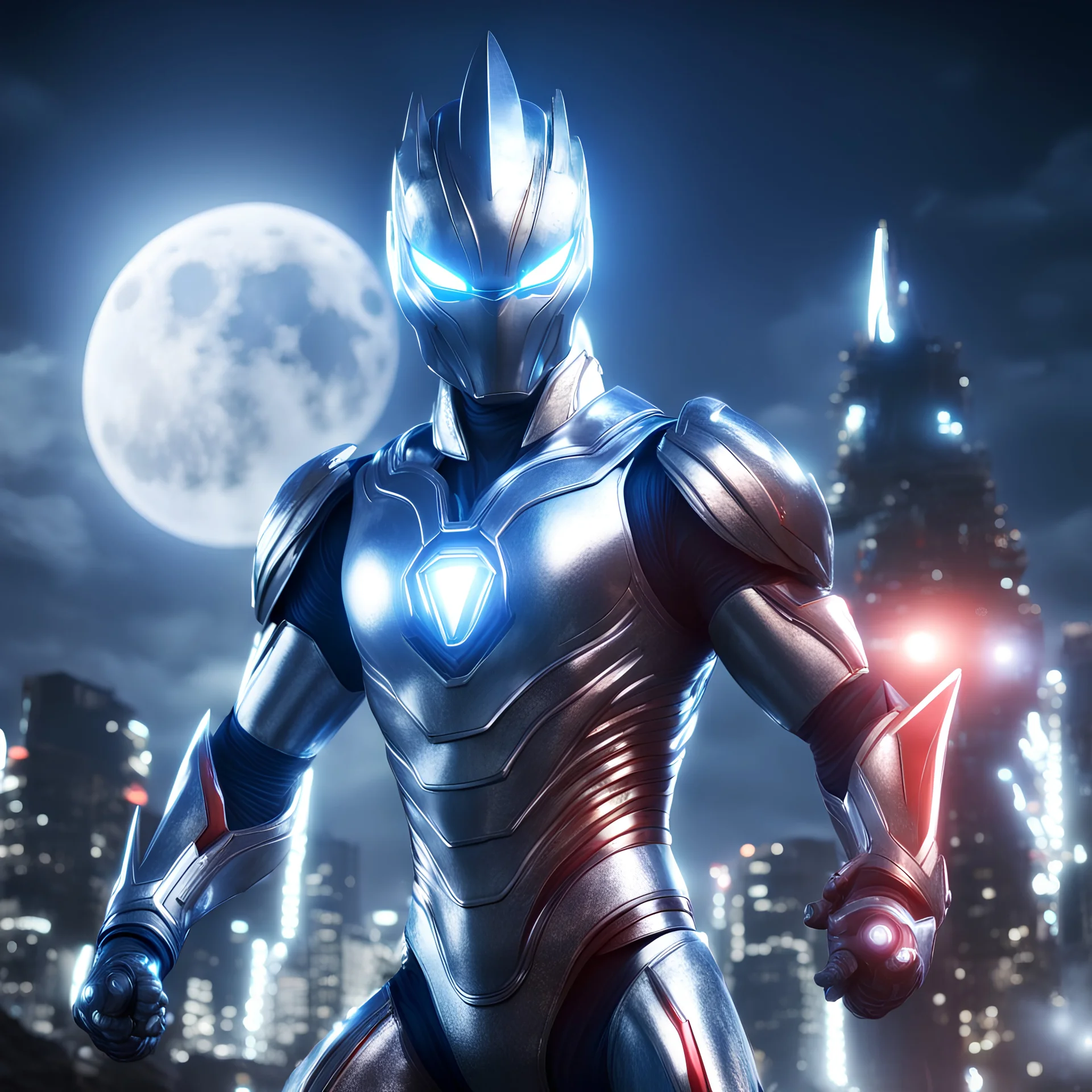 Ultra Seven, Ultraman , Godzilla Bullmark Ultraman heroes super powers., 32K, HD RESOLUTION, 3D RENDER, BLUE WHITE COLORS CHROME METAL, helmet, ATHLETIC STRONG BODY, COMBAT ATTITUDE, , at night thunderS, night, moon, , SWORDS, SILVER CHROME, dark fantasy, illustration, cinematic, 3d render, conceptual art, anime