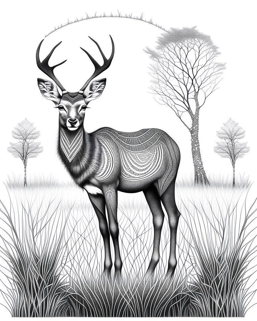 coloring pages: Majestic deer in an Afrocentric art style, adorned with intricate tribal patterns, and flowing mane-like hair, standing tall and proud in a lush savannah, surrounded by tall grass and baobab trees, Artwork, mixed media on canvas coloring pages