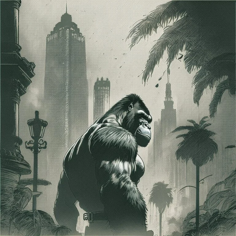 Harambe, in sincity style. Ink art. Comicbook style 1990. London 1800. Fog.