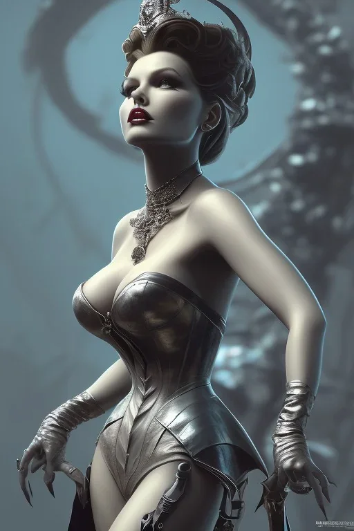 Rita Hayworth as evil queen in black leather, busty, cleavage, dominatrix, curvy, angry, stern look. character design by cory loftis, fenghua zhong, ryohei hase, ismail inceoglu and ruan jia. unreal engine 5, artistic lighting, highly detailed, photorealistic, fantasy