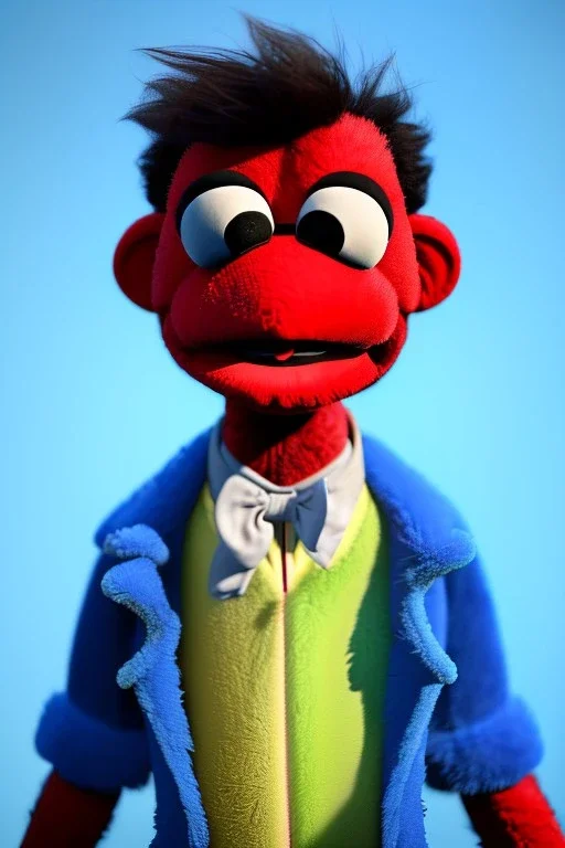 Waist up muppet Portrait, Nicolas maduro muppet doll, tracksuit red blue and yellow, mustache, photo studio, red background, unreal engine 5, concept art, art station, ray tracing, lumen lighting, ultra detail, volumetric lighting, 3d.