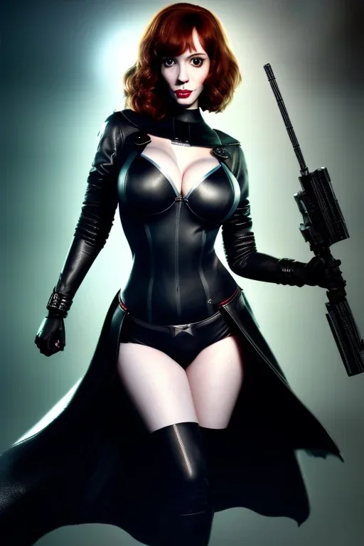 Christina Hendricks dressed in black leather, frank miller sin city, busty, cleavage, volumetric lighting, particales,highly detailed,cinematic, deep colours,8