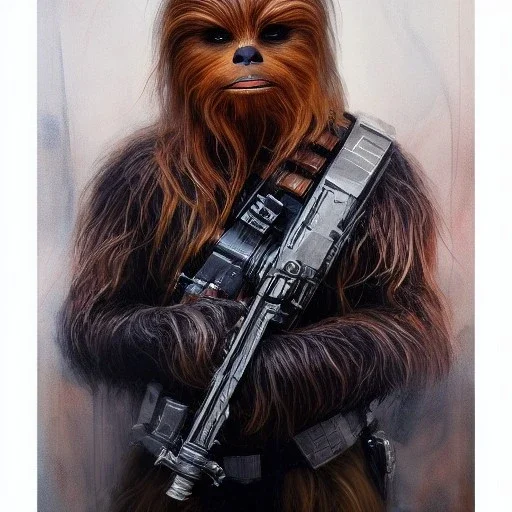 photorealistic and intricate portrait of chewbacca in star wars by agnes cecile, wearing beskar armor, deep dark colors, hyperdetailed, 32K, oil on canvas,