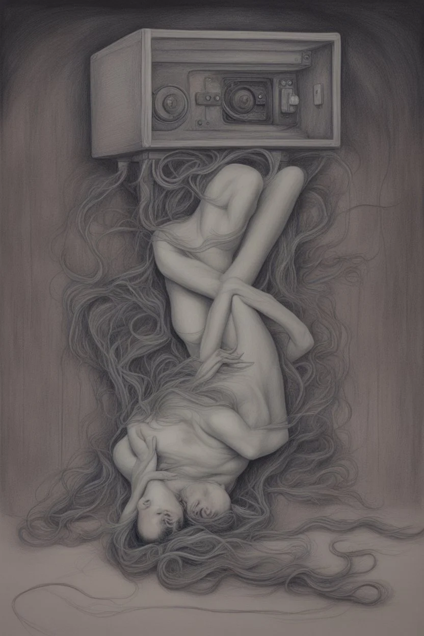 unsated lust on tech can lead to an untimely death; Surrealism; pastel pencils over black ink