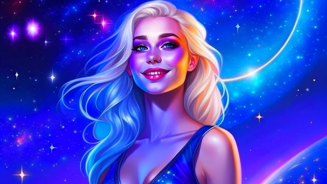 Full body portrait of a peaceful ((smiling)) gorgeous blonde Goddess of the galaxies with a blue indigo purple skin, high skul, luminous eyes in a galactic sunset