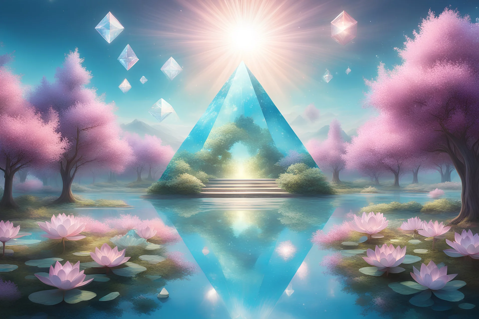 in a magical landscape with and bright and intens pastel tones, trees around a square and one crystal pyramid reflects the sun. Flowering shrubs are in the foreground and crystal cluster. A turquoise lake in the center with lotus flowers. There are iridescent particles of light in the sky, fine rays of light in blue and white colors.in the distance small forest, lots of fine details, gentle, sweet ,and spiritual atmosphere, cinematic, color grading, editorial photography, Realistic picture. HD
