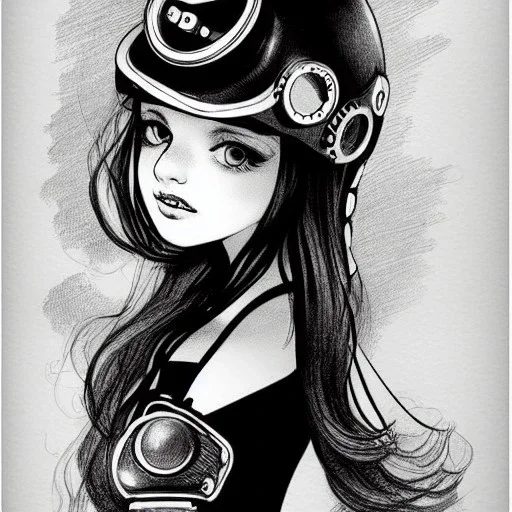 great illustrator, spanish, pencil sketch of a cute girl, beautiful, steampunk syle, black and white. Helmet with tubes.