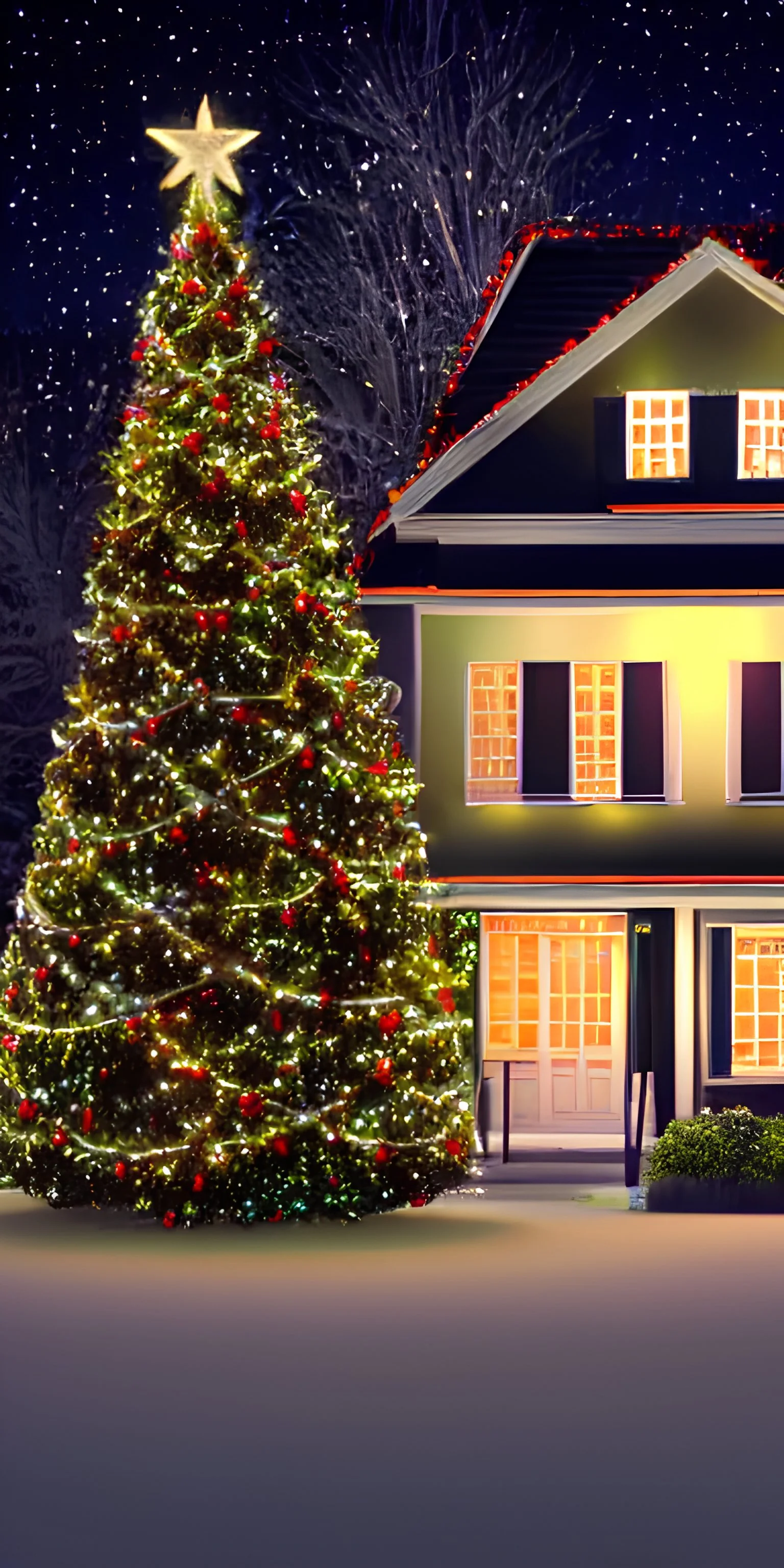 casinha a noite iluminada com rua e árvore de Natal 8K super realista