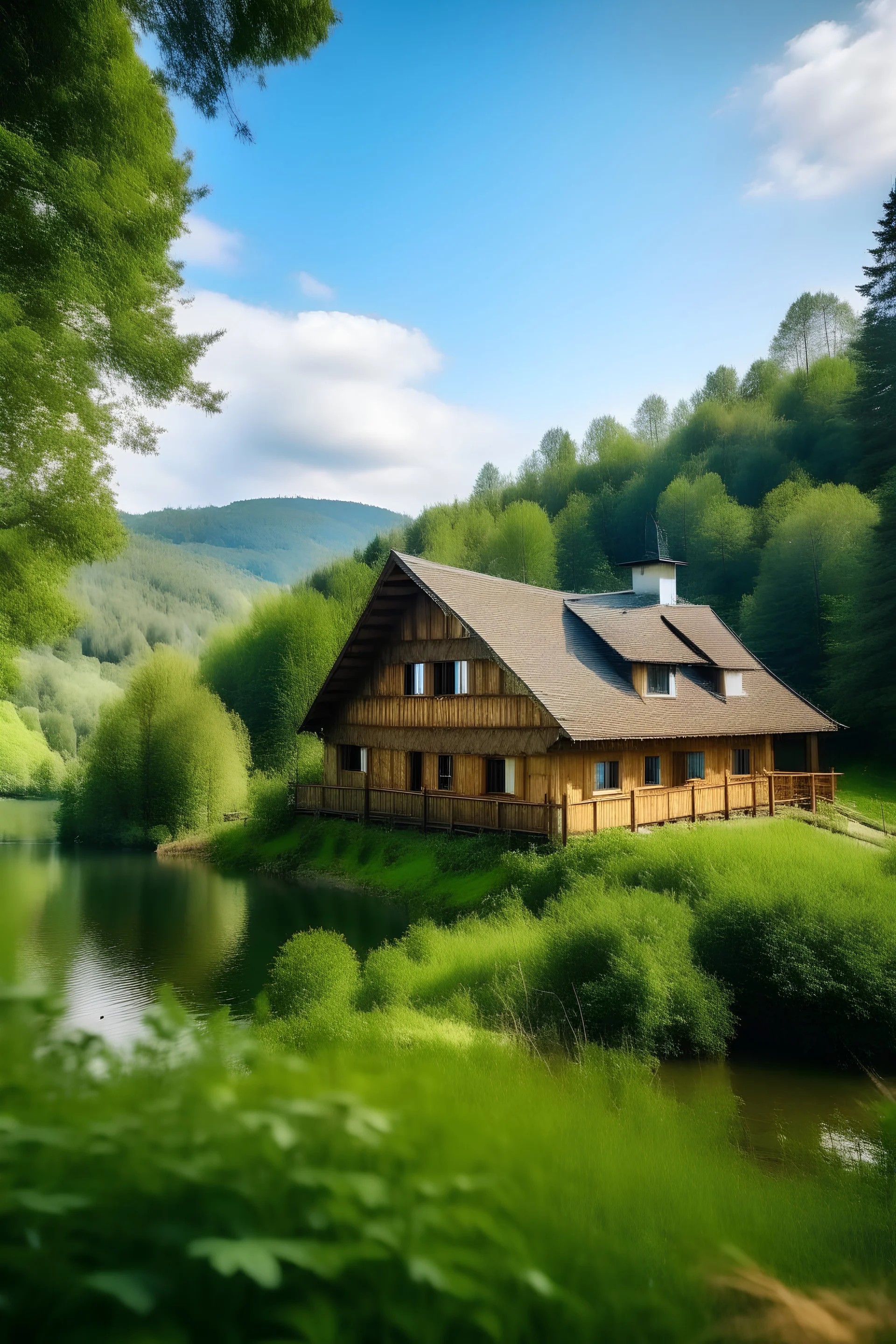 maison bois à la montagne avec grand jardin donnant sur le lac à la montage et la forêt, vue spectaculaire