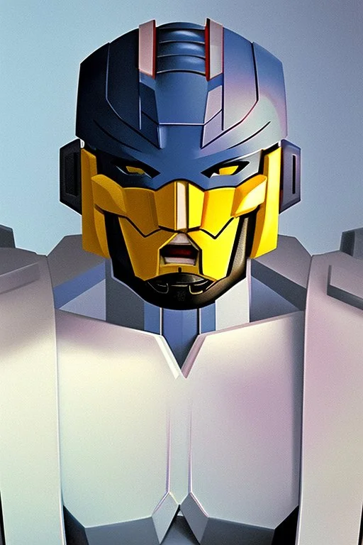 Fotoretrato de un transformer de 1980, debe ser algo decadente. Vibrante en colores, solo su cara es un retrato. Rounded autobot, optimus prime. Animé. Wasted drunk. Yellow, fun.