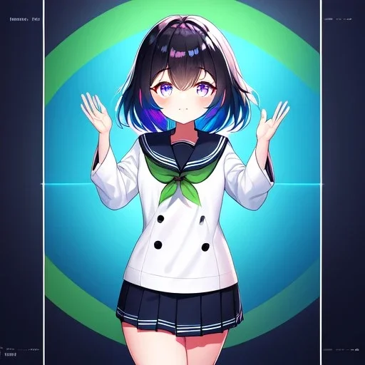 Clear focus,High resolution, Black and Rainbow short fluffy hair, and rainbow eyes, wearing a sailor uniform, must wear a short skirt with a horizontal line